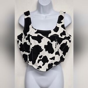 Lone Star L Crop Top 100% Cotton Cow Print Black White Sleeveless Smocked